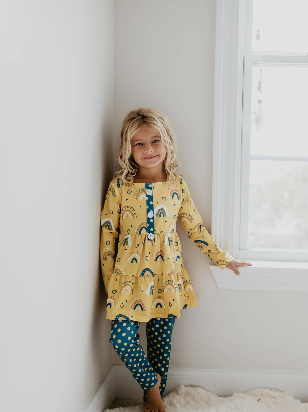Yellow Rainbow Tunic with Teal Polka Dot Leggings Kids Mustard Rainbow Polka Dot